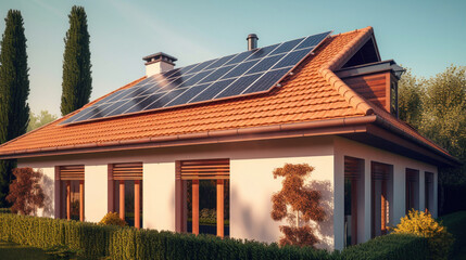 A house with solar panels on the roof. Concept of Sustainable and clean energy at home.
