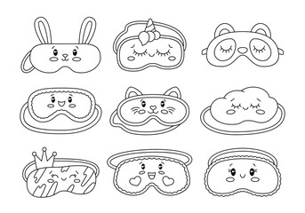 Cute sleeping masks. Coloring Page. Kawaii eyes, panda, cloud, bunny and cat faces. Sweet dream. Hand drawn style. Vector drawing. Collection of design elements.