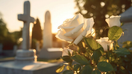 Beautiful white rose on Catholic cemetery with a grave marker and cross engraved on it. Funeral concept. - obrazy, fototapety, plakaty