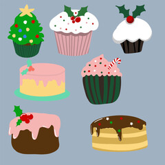 Vecotr illustration, set of christmas cupcakes for decotation
