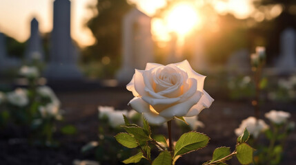 Beautiful white rose on Catholic cemetery with a grave marker and cross engraved on it. Funeral concept. - obrazy, fototapety, plakaty