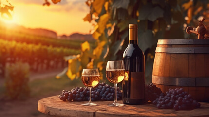 Bottles and wineglasses with grapes and barrel in vineyard scene background.