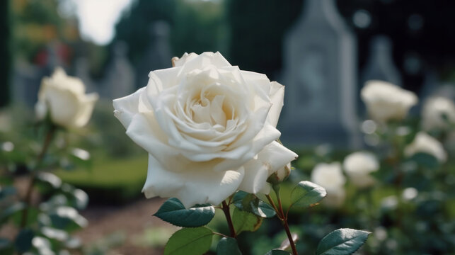 Beautiful white rose on Catholic cemetery with a grave marker and cross engraved on it. Funeral concept.