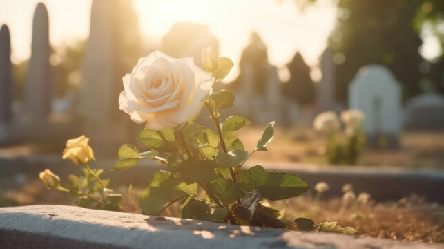 Beautiful white rose on Catholic cemetery with a grave marker and cross engraved on it. Funeral concept.