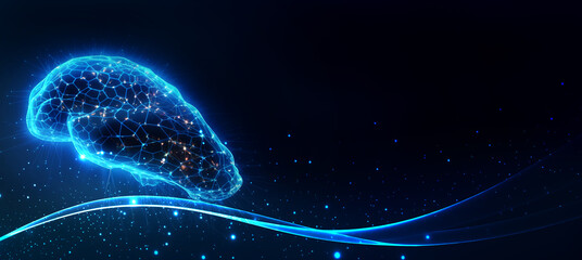 Brain hologram creativity concept, futuristic blue light and wave on black background copyspace banner