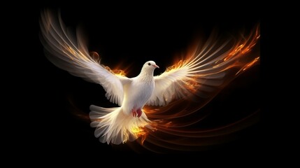 A fiery white dove on dark background symbolizes