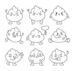 Cute funny poop with arms and legs. Coloring Page. Cartoon kawaii characters. Emoticon face. Hand drawn style. Vector drawing. Collection of design elements.