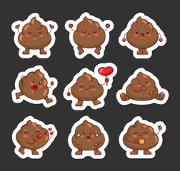Cute funny poop with arms and legs. Sticker Bookmark. Cartoon kawaii characters. Emoticon face. Hand drawn style. Vector drawing. Collection of design elements.