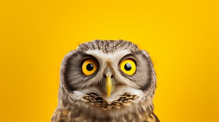 A young owl or owlet portrait in a yellow studio. AI Generated. This image evokes surprise, suspicion, questioning, and knowledge through the use of the owl's huge eyes and curious personality. - obrazy, fototapety, plakaty