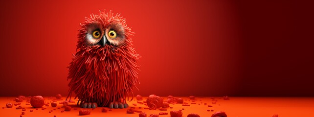 Red Spaghetti Feathered owl in a red Portrait studio. 3D animation style. AI Generated