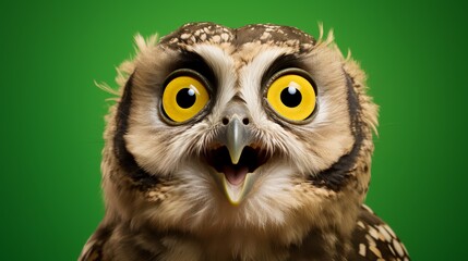 A wise old owl portrait in a green studio. AI Generated. This image evokes surprise, suspicion, questioning, and knowledge through the use of the owl's huge eyes and curious personality. - obrazy, fototapety, plakaty