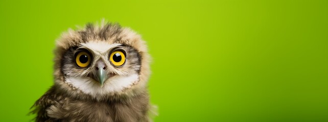 A young owl or owlet portrait in a green studio. AI Generated. This image evokes surprise, suspicion, questioning, and knowledge through the use of the owl's huge eyes and curious personality.
