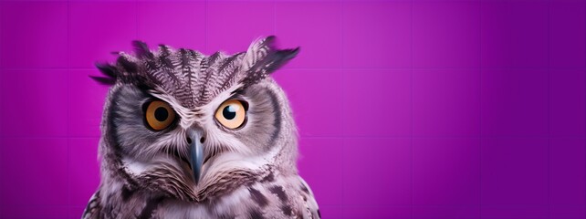 A wise old owl portrait in a purple studio. AI Generated. This image evokes surprise, suspicion, questioning, and knowledge through the use of the owl's huge eyes and curious personality.