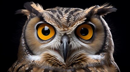 A wise old owl portrait in a dark studio. AI Generated. This image evokes surprise, suspicion, questioning, and knowledge through the use of the owl's huge eyes and curious personality. - obrazy, fototapety, plakaty