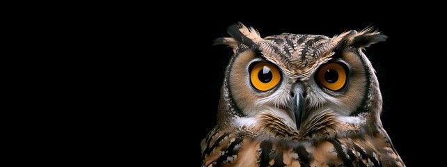 A wise old owl portrait in a dark studio. AI Generated. This image evokes surprise, suspicion, questioning, and knowledge through the use of the owl's huge eyes and curious personality. - obrazy, fototapety, plakaty