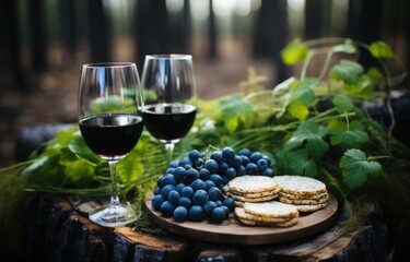 Enjoy a serene moment in nature with two glasses of wine, accompanied by some crackers and grapes placed on a log in the forest