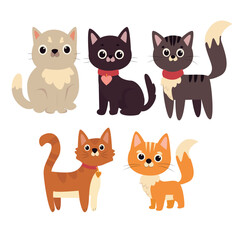 Cute cats vector set. Cartoon cats and kittens characters design collection with flat color in different poses. Set of funny pet animals isolated on white background.