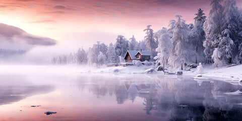 amazing winter sunset panorama with little house by lake surrounded by snowy forest - obrazy, fototapety, plakaty