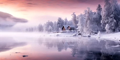 Fotobehang amazing winter sunset panorama with little house by lake surrounded by snowy forest © Melinda Nagy