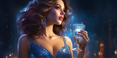 woman wearing a sparkling dress holding a champagne glass