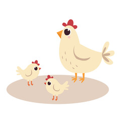 chicken vector set. Cartoon hen with chicks characters design collection with flat color in different poses. Set of funny pet animals isolated on white background.