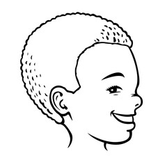 Cartoon portrait of a little happy boy. A smile on his face. Joyful african american child. Happy childhood. Vector art illustration. Black and white sketch. Hand drawn line