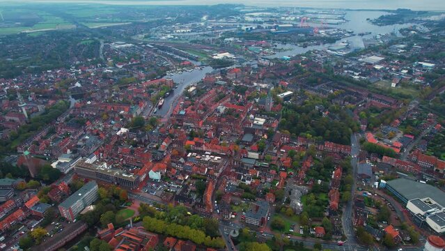 Aerial view around the old town of Emden in Germany 