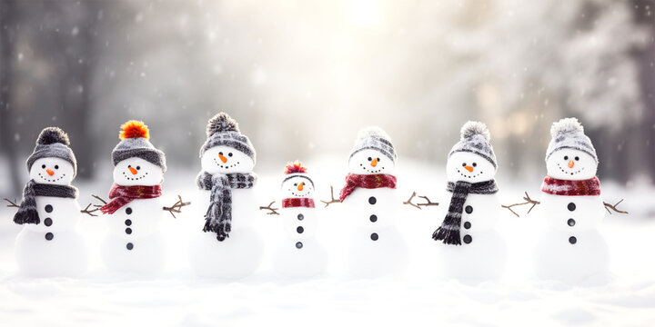 Row Of Cute Snowmen In Winter