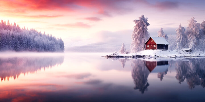 amazing winter sunset panorama with little house by lake surrounded by snowy forest