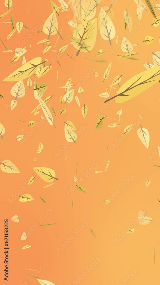 Poster falling tree leaves on orange gradient background. vertical animated autumn background video.