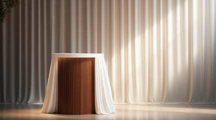 Empty modern round wooden podium side table in soft white blowing drapery curtain drapes in sunlight for luxury cosmetic, skincare, beauty treatment, fashion product display background