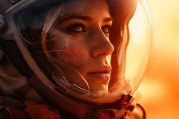 Stormy Mars Desert: Helmeted Female Astronaut