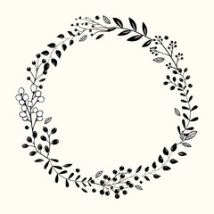 Botanical monochrome frame with leaves and berries for invitations, posters and wedding. Vector floral wreath - obrazy, fototapety, plakaty