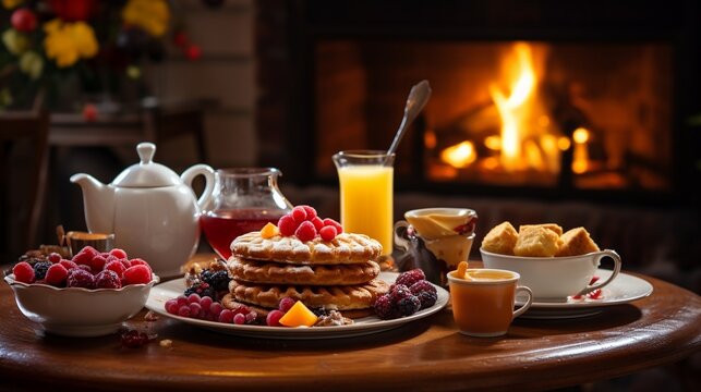 Christmas cake and sweets on table. Christmas breakfast on dining table. Happy New Year! Christmas greeting card. Winter card template. Xmas concept. Holiday Banner. Feast of Nativity. 