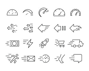 Speed Line Icons. CheetahRocket, Race Timer, speed, alarm, recovery, time management, calendar Editable Stroke line icons set, editable stroke isolated on white, linear vector outline illustration