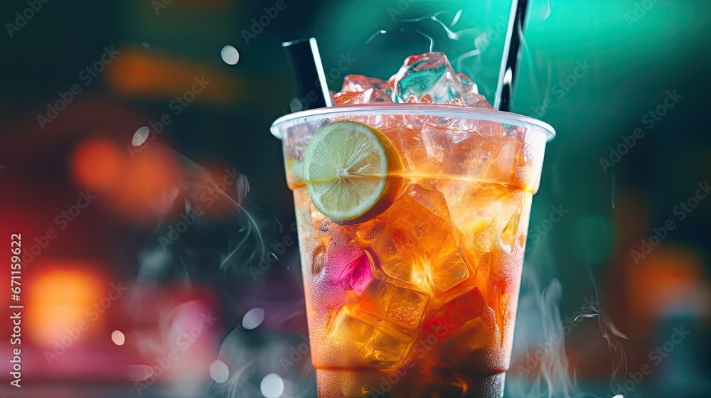 Poster a close up of a drink in a cup with ice and a slice of lime on the rim of the cup with a straw and a