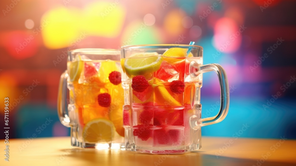 Poster a couple of mugs filled with different kinds of fruit in front of a blurry background of a blurry im