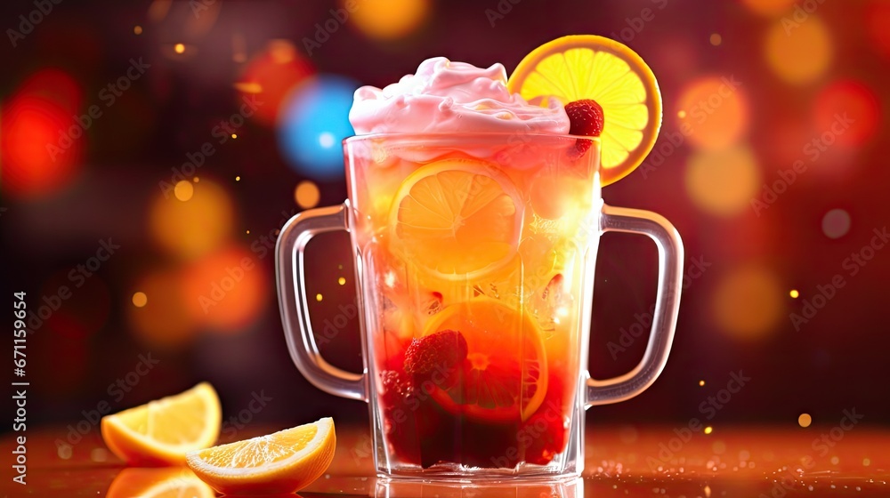 Poster a glass filled with liquid and fruit next to a slice of lemon and a slice of orange on a table with 