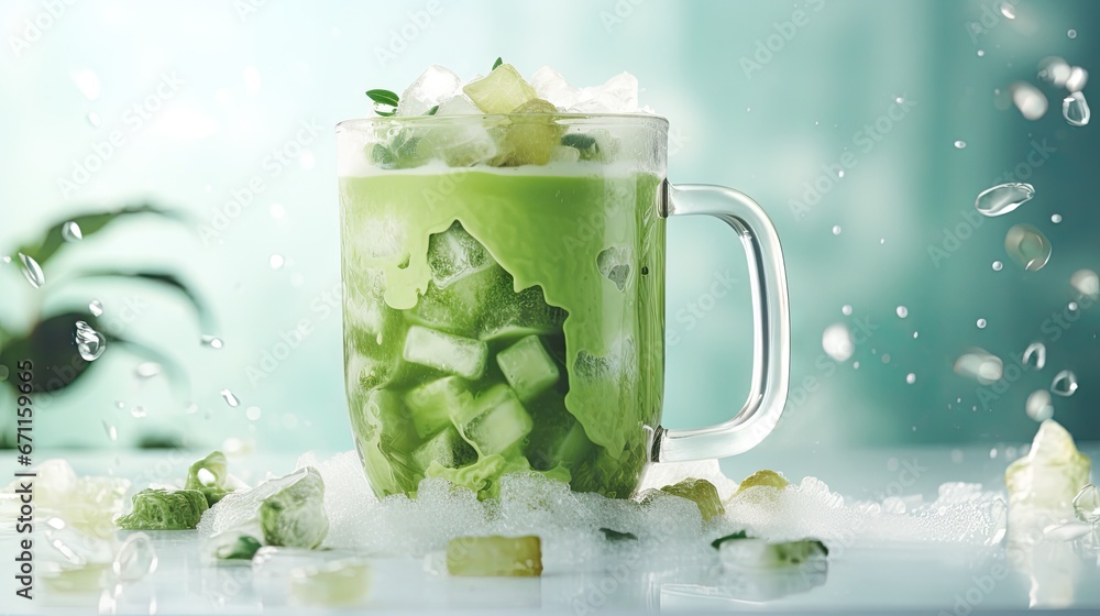 Poster a pitcher filled with a green drink surrounded by ice cubes and pieces of cucumber on top of a white