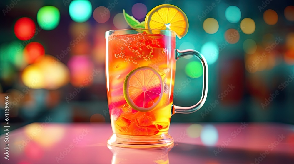 Poster a glass of lemonade with a slice of lime and a slice of orange on the rim of the glass is sitting on