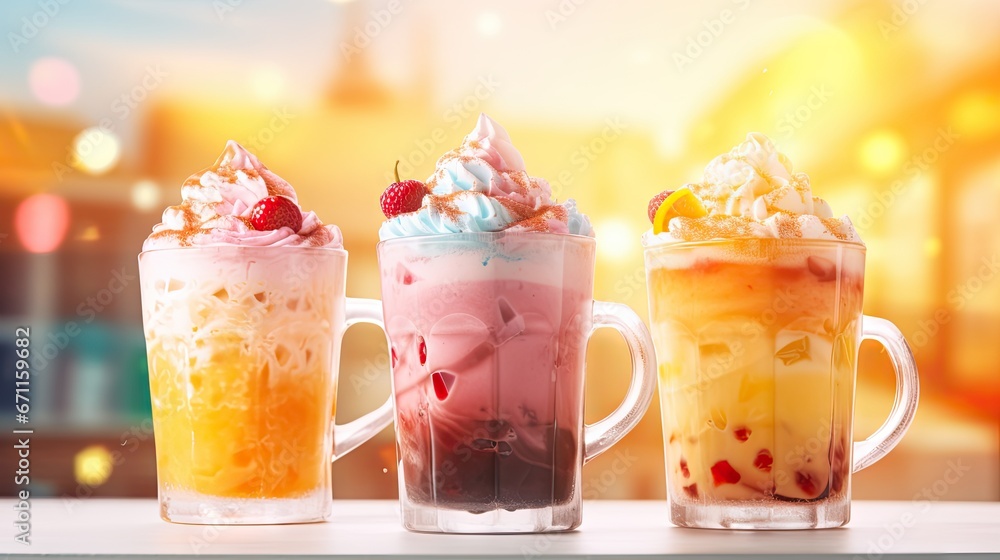 Poster a group of three drinks sitting on top of a table next to each other on top of a white counter top i