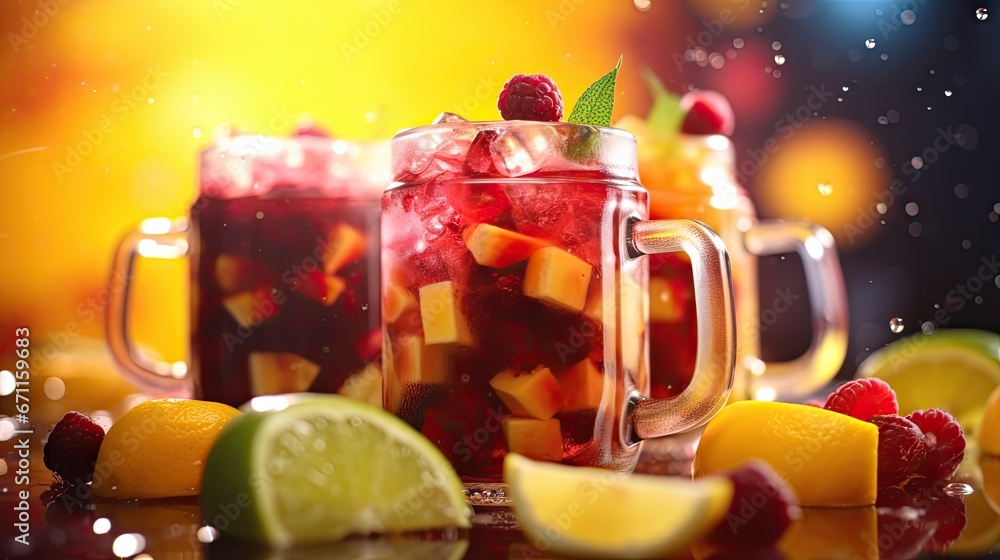 Poster two mugs filled with raspberry lemonade and limeade next to sliced lemons, raspberries, limes, and a