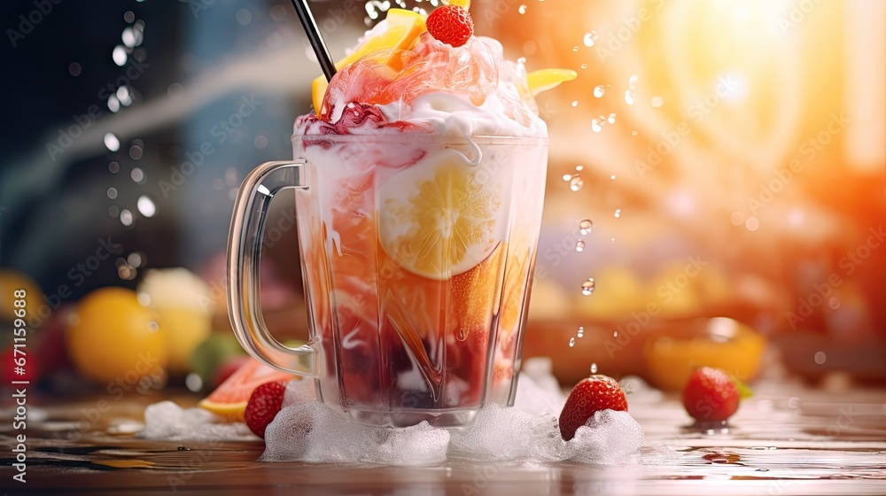 Poster a cup of ice cream with strawberries and a lemon slice on top of it with a strawberries and a lemon 