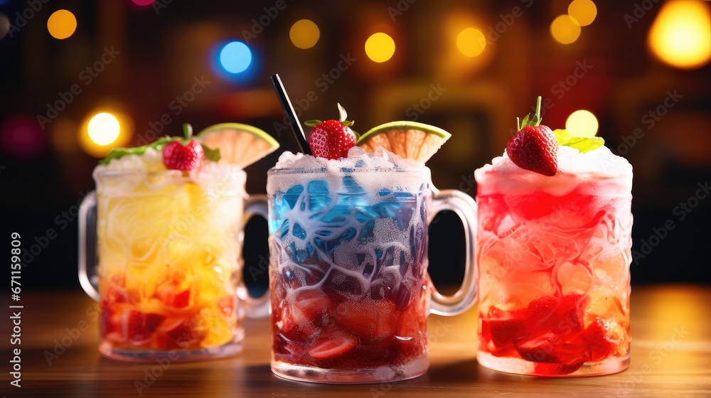 Poster three colorful drinks with strawberries, limes, and a lime on a table in front of a blurry backgroun