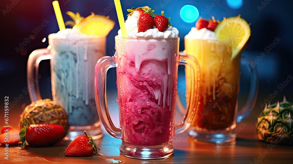 Poster  a table topped with two mugs filled with liquid and topped with strawberries and a pineapple next to two pineapples and a pineapple on the side.  generative ai