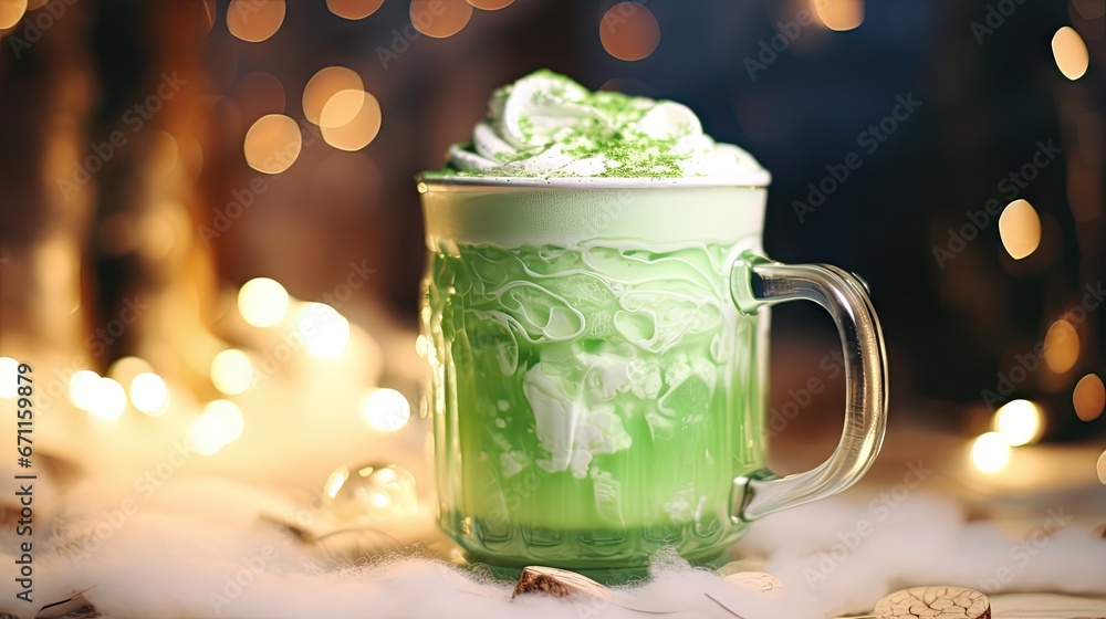 Poster a close up of a green drink in a cup with whipped cream and shamrocks on the inside of the cup and o