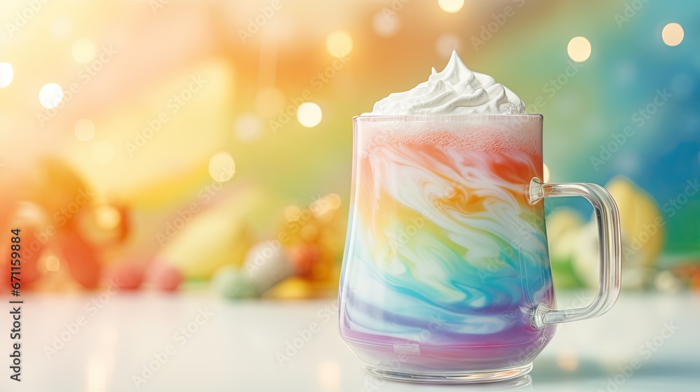Poster a multicolored drink with whipped cream in a glass mug on a table with blurry lights in the backgrou