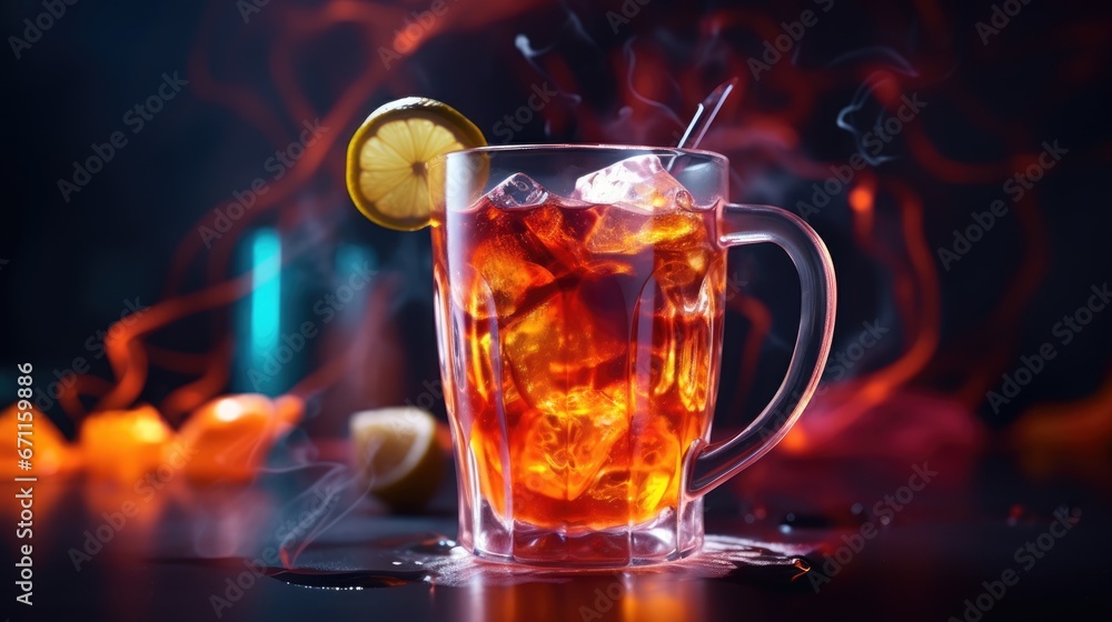 Poster a glass of tea with ice, lemon, and a slice of lemon on a table with a black background and a few or