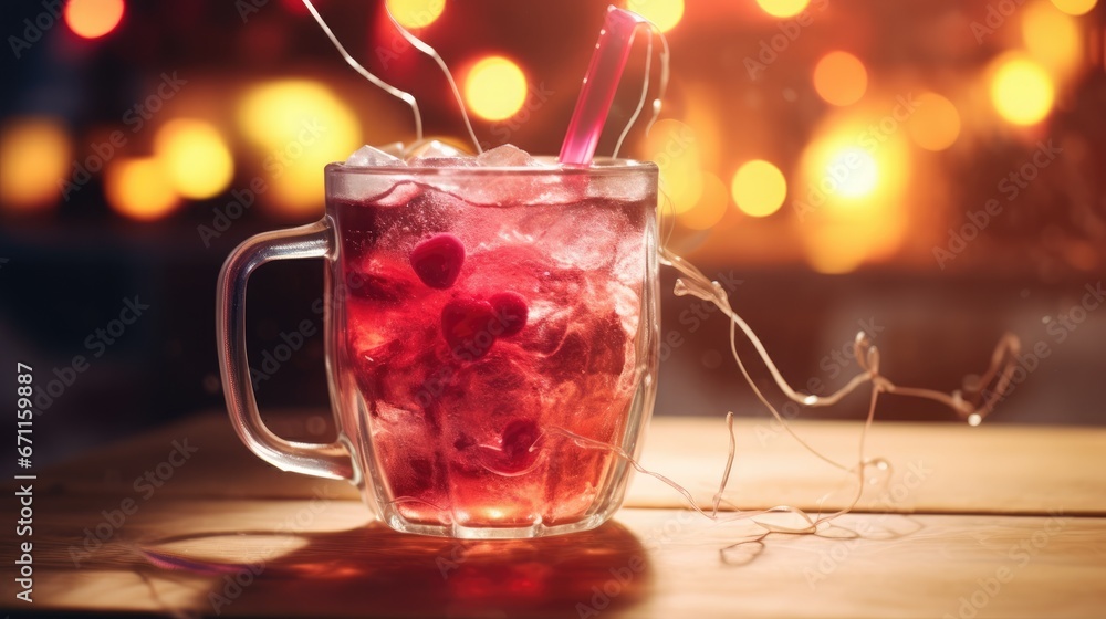 Poster a cup filled with ice and strawberries sitting on top of a wooden table next to a string of lights a