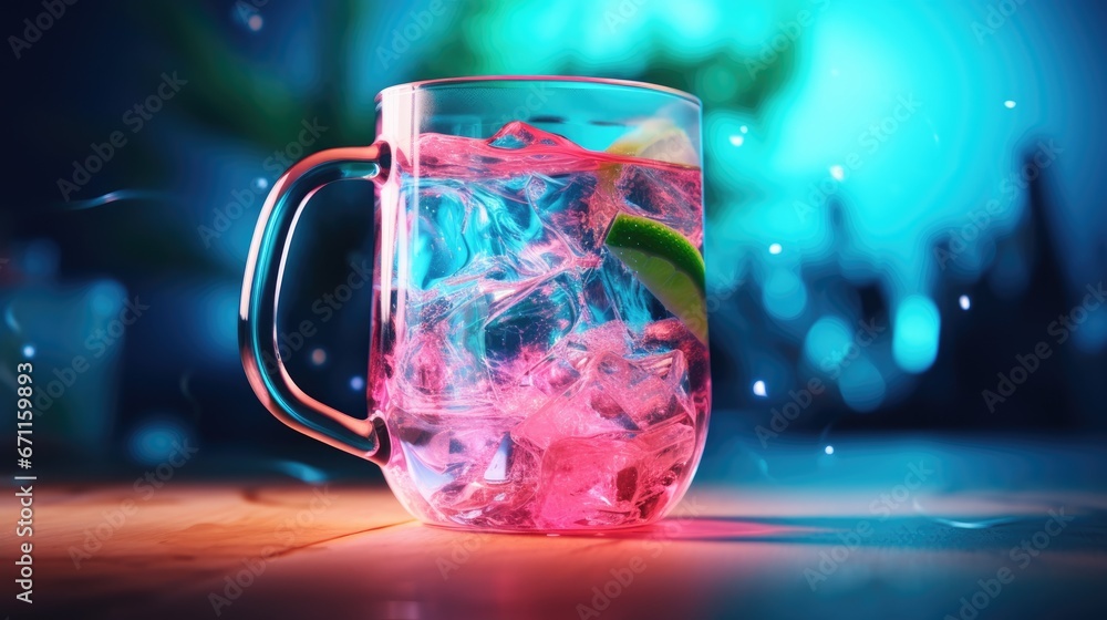 Aufkleber a close up of a glass with ice and a slice of lime on the edge of the glass with water and ice cubes